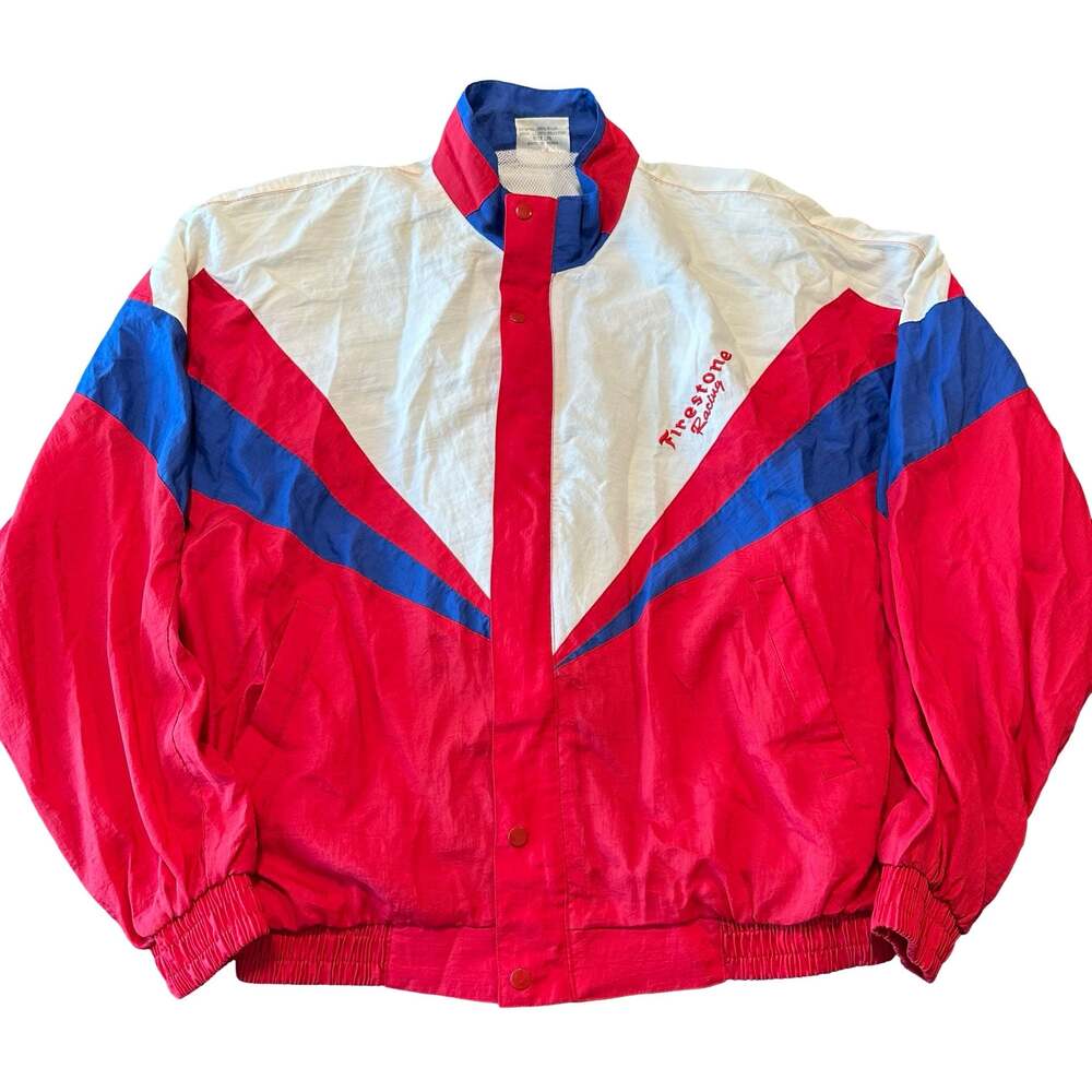 Vintage Firestone Racing Bomber Jacket Red White Blue Snap Button